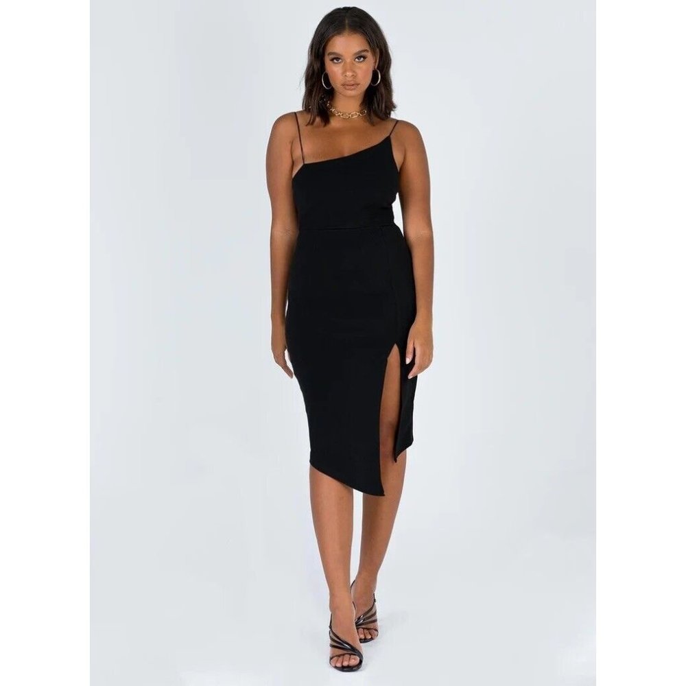Princess Polly Sz 4 Black Aero Asymmetrical One Shoulder Knit Midi Sheath Dress